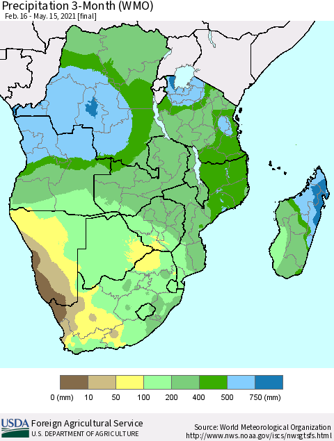 Southern Africa Precipitation 3-Month (WMO) Thematic Map For 2/16/2021 - 5/15/2021
