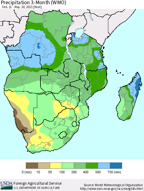 Southern Africa Precipitation 3-Month (WMO) Thematic Map For 2/21/2021 - 5/20/2021