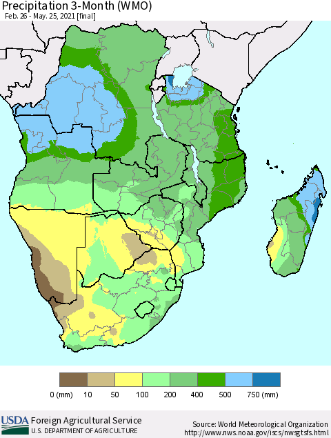 Southern Africa Precipitation 3-Month (WMO) Thematic Map For 2/26/2021 - 5/25/2021
