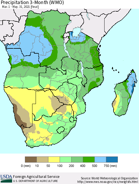 Southern Africa Precipitation 3-Month (WMO) Thematic Map For 3/1/2021 - 5/31/2021