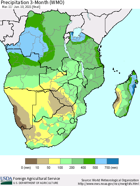 Southern Africa Precipitation 3-Month (WMO) Thematic Map For 3/11/2021 - 6/10/2021