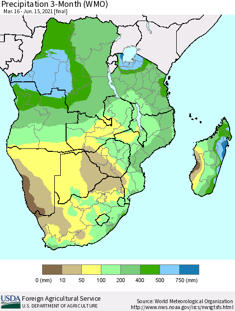 Southern Africa Precipitation 3-Month (WMO) Thematic Map For 3/16/2021 - 6/15/2021