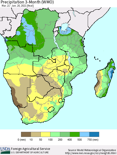 Southern Africa Precipitation 3-Month (WMO) Thematic Map For 3/21/2021 - 6/20/2021