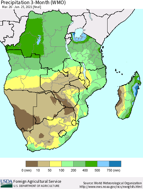 Southern Africa Precipitation 3-Month (WMO) Thematic Map For 3/26/2021 - 6/25/2021