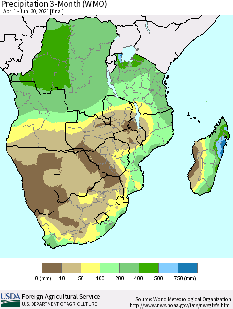 Southern Africa Precipitation 3-Month (WMO) Thematic Map For 4/1/2021 - 6/30/2021
