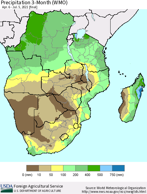 Southern Africa Precipitation 3-Month (WMO) Thematic Map For 4/6/2021 - 7/5/2021