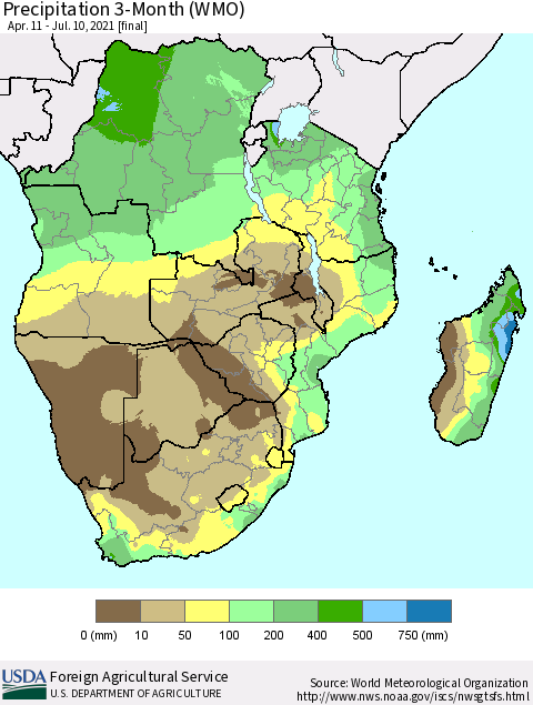 Southern Africa Precipitation 3-Month (WMO) Thematic Map For 4/11/2021 - 7/10/2021