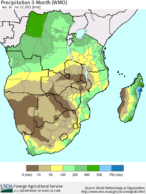 Southern Africa Precipitation 3-Month (WMO) Thematic Map For 4/16/2021 - 7/15/2021