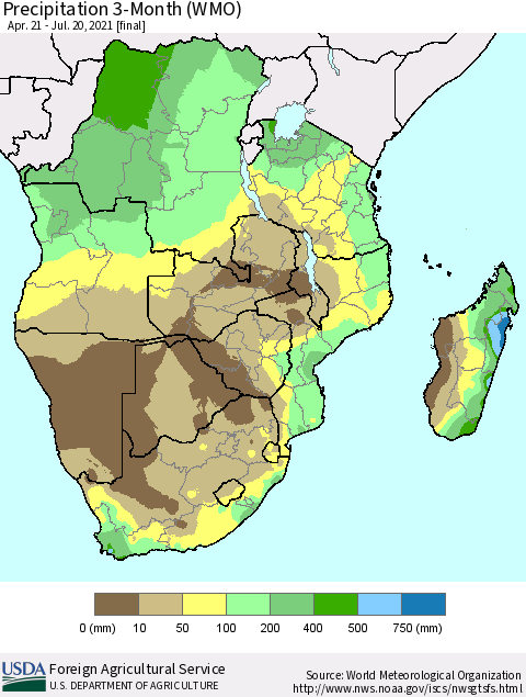 Southern Africa Precipitation 3-Month (WMO) Thematic Map For 4/21/2021 - 7/20/2021