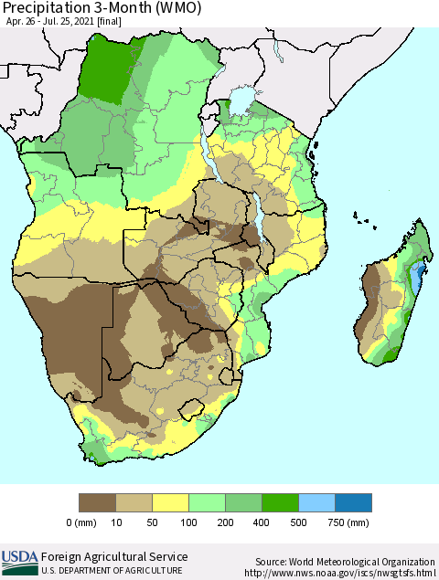 Southern Africa Precipitation 3-Month (WMO) Thematic Map For 4/26/2021 - 7/25/2021