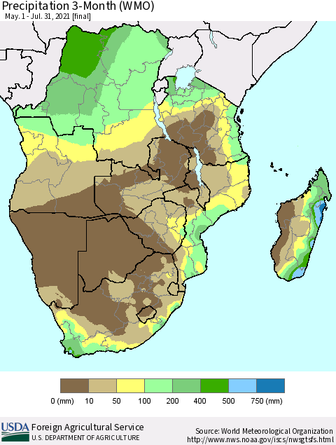 Southern Africa Precipitation 3-Month (WMO) Thematic Map For 5/1/2021 - 7/31/2021