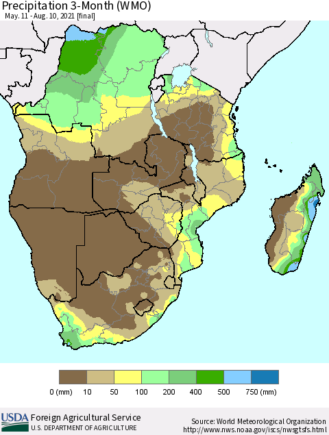 Southern Africa Precipitation 3-Month (WMO) Thematic Map For 5/11/2021 - 8/10/2021