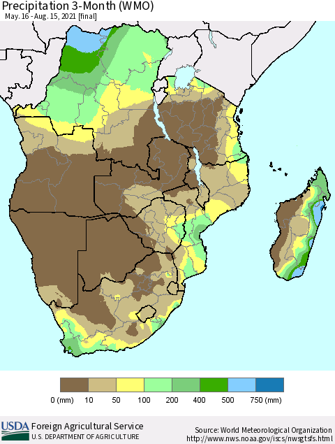 Southern Africa Precipitation 3-Month (WMO) Thematic Map For 5/16/2021 - 8/15/2021