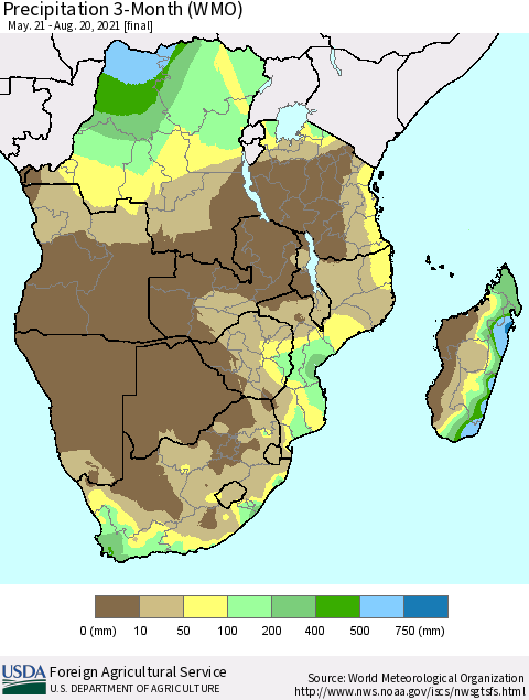 Southern Africa Precipitation 3-Month (WMO) Thematic Map For 5/21/2021 - 8/20/2021