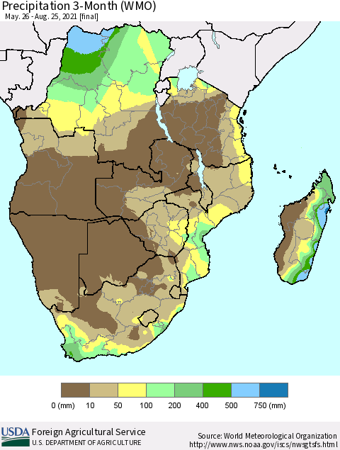 Southern Africa Precipitation 3-Month (WMO) Thematic Map For 5/26/2021 - 8/25/2021