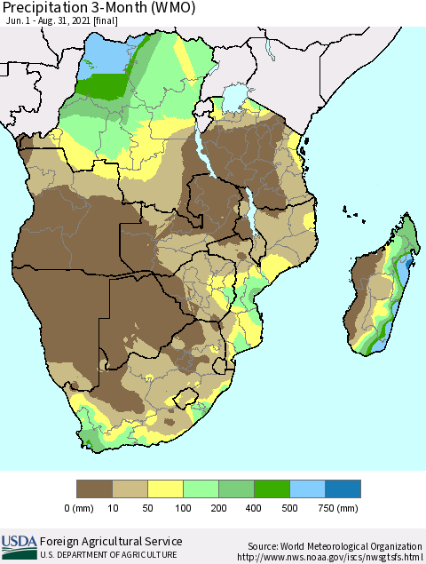 Southern Africa Precipitation 3-Month (WMO) Thematic Map For 6/1/2021 - 8/31/2021