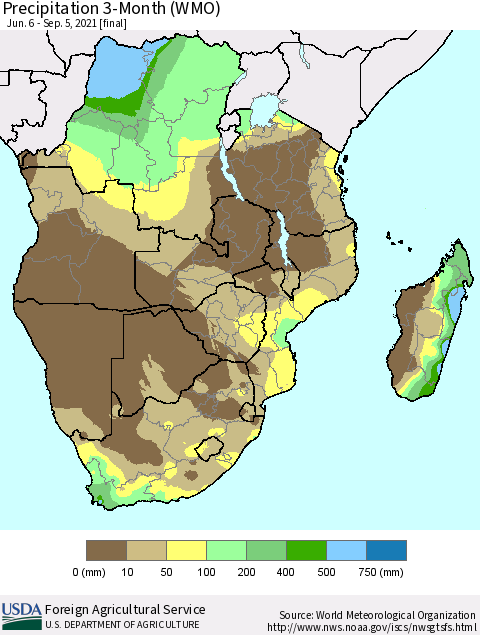 Southern Africa Precipitation 3-Month (WMO) Thematic Map For 6/6/2021 - 9/5/2021