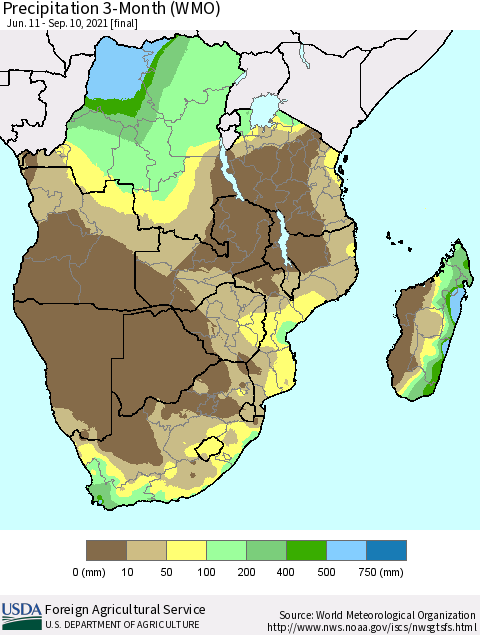 Southern Africa Precipitation 3-Month (WMO) Thematic Map For 6/11/2021 - 9/10/2021
