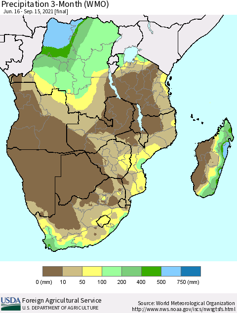 Southern Africa Precipitation 3-Month (WMO) Thematic Map For 6/16/2021 - 9/15/2021