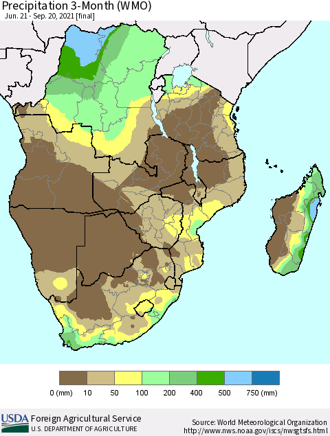 Southern Africa Precipitation 3-Month (WMO) Thematic Map For 6/21/2021 - 9/20/2021