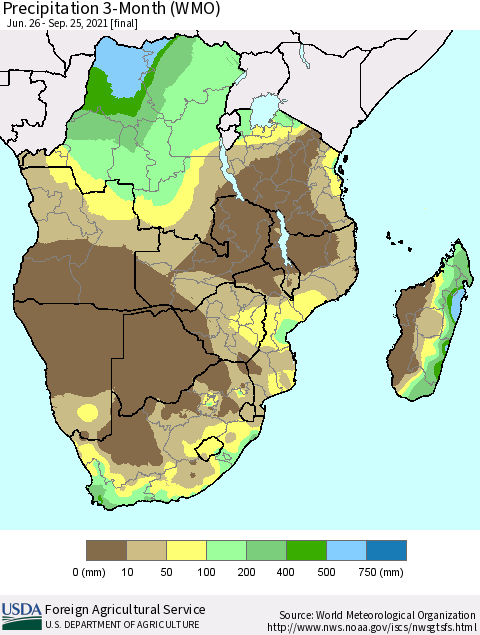 Southern Africa Precipitation 3-Month (WMO) Thematic Map For 6/26/2021 - 9/25/2021