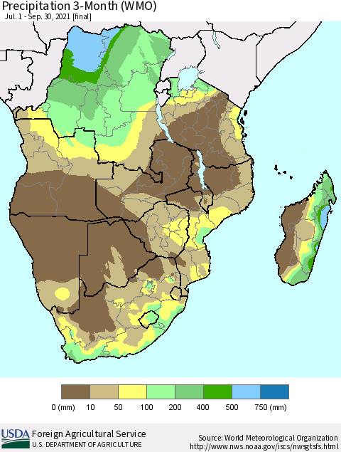 Southern Africa Precipitation 3-Month (WMO) Thematic Map For 7/1/2021 - 9/30/2021