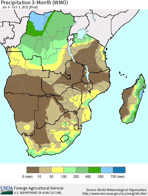 Southern Africa Precipitation 3-Month (WMO) Thematic Map For 7/6/2021 - 10/5/2021