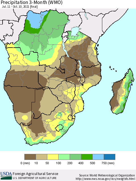 Southern Africa Precipitation 3-Month (WMO) Thematic Map For 7/11/2021 - 10/10/2021