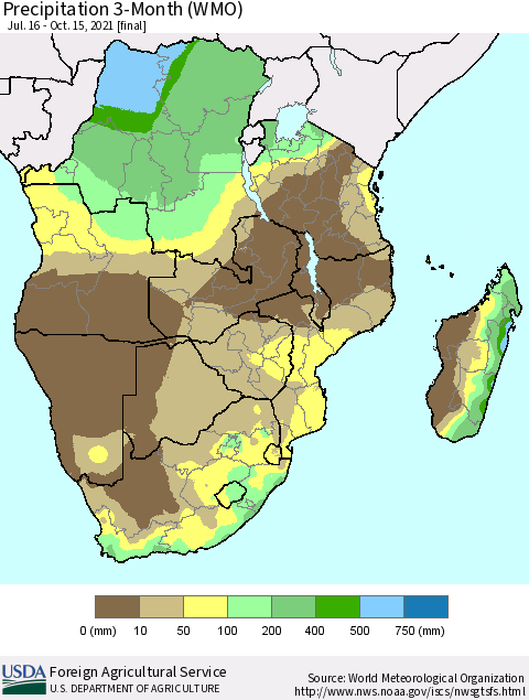 Southern Africa Precipitation 3-Month (WMO) Thematic Map For 7/16/2021 - 10/15/2021