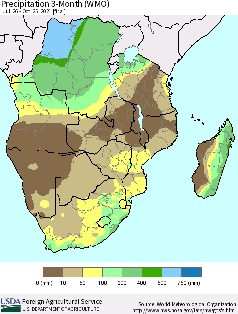 Southern Africa Precipitation 3-Month (WMO) Thematic Map For 7/26/2021 - 10/25/2021