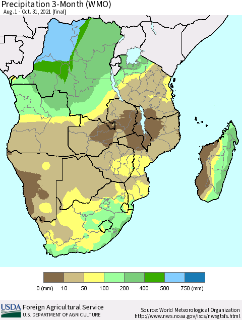 Southern Africa Precipitation 3-Month (WMO) Thematic Map For 8/1/2021 - 10/31/2021