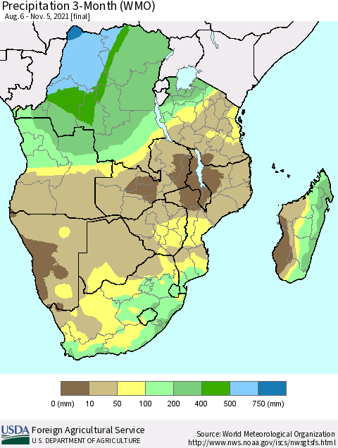 Southern Africa Precipitation 3-Month (WMO) Thematic Map For 8/6/2021 - 11/5/2021