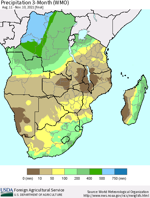 Southern Africa Precipitation 3-Month (WMO) Thematic Map For 8/11/2021 - 11/10/2021