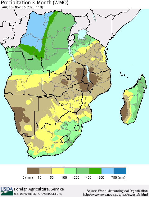 Southern Africa Precipitation 3-Month (WMO) Thematic Map For 8/16/2021 - 11/15/2021