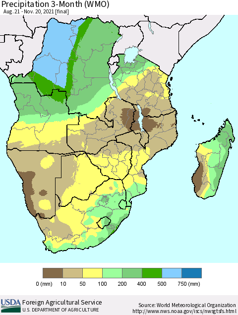 Southern Africa Precipitation 3-Month (WMO) Thematic Map For 8/21/2021 - 11/20/2021