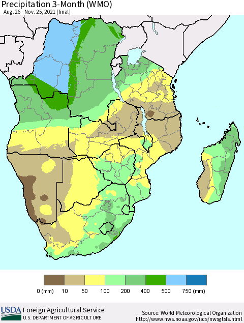 Southern Africa Precipitation 3-Month (WMO) Thematic Map For 8/26/2021 - 11/25/2021