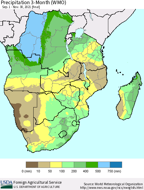 Southern Africa Precipitation 3-Month (WMO) Thematic Map For 9/1/2021 - 11/30/2021