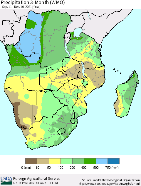 Southern Africa Precipitation 3-Month (WMO) Thematic Map For 9/11/2021 - 12/10/2021