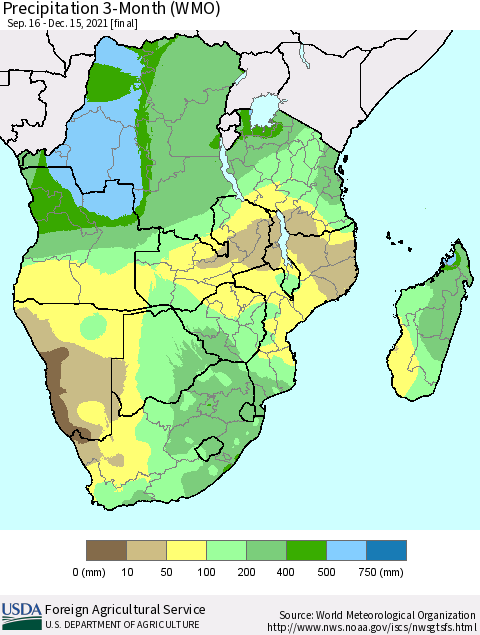 Southern Africa Precipitation 3-Month (WMO) Thematic Map For 9/16/2021 - 12/15/2021