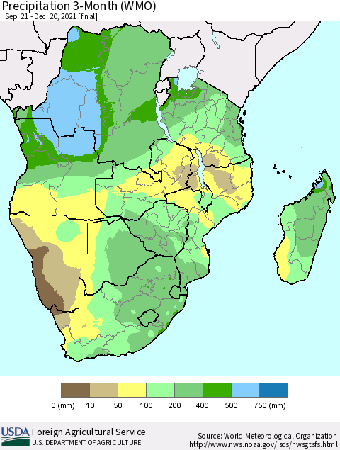 Southern Africa Precipitation 3-Month (WMO) Thematic Map For 9/21/2021 - 12/20/2021