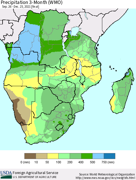 Southern Africa Precipitation 3-Month (WMO) Thematic Map For 9/26/2021 - 12/25/2021