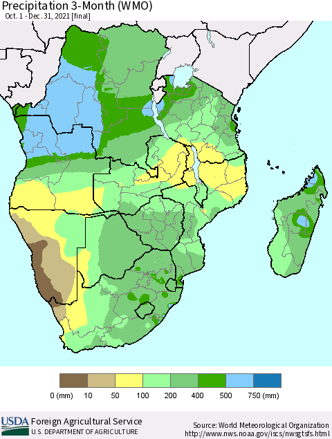 Southern Africa Precipitation 3-Month (WMO) Thematic Map For 10/1/2021 - 12/31/2021