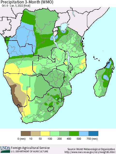 Southern Africa Precipitation 3-Month (WMO) Thematic Map For 10/6/2021 - 1/5/2022