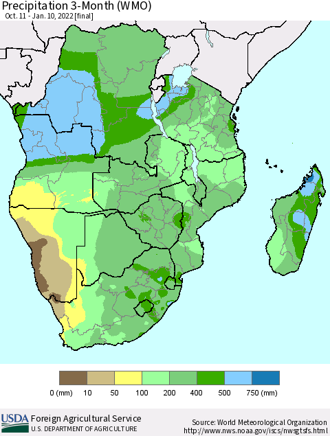 Southern Africa Precipitation 3-Month (WMO) Thematic Map For 10/11/2021 - 1/10/2022