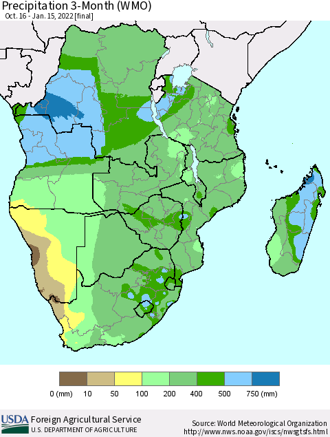Southern Africa Precipitation 3-Month (WMO) Thematic Map For 10/16/2021 - 1/15/2022