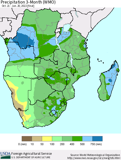 Southern Africa Precipitation 3-Month (WMO) Thematic Map For 10/21/2021 - 1/20/2022