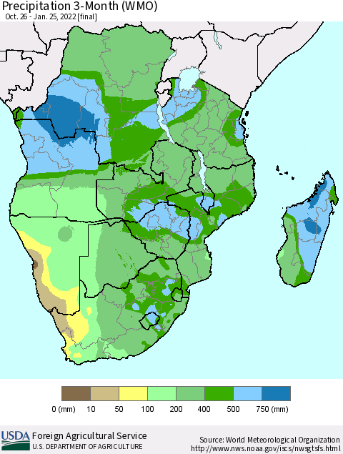 Southern Africa Precipitation 3-Month (WMO) Thematic Map For 10/26/2021 - 1/25/2022