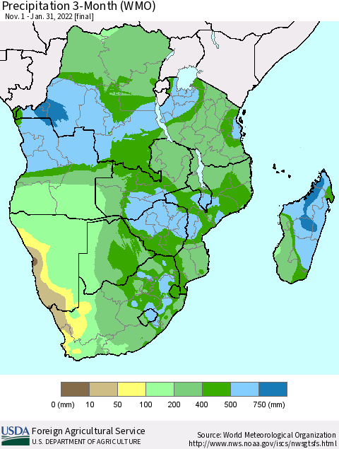 Southern Africa Precipitation 3-Month (WMO) Thematic Map For 11/1/2021 - 1/31/2022