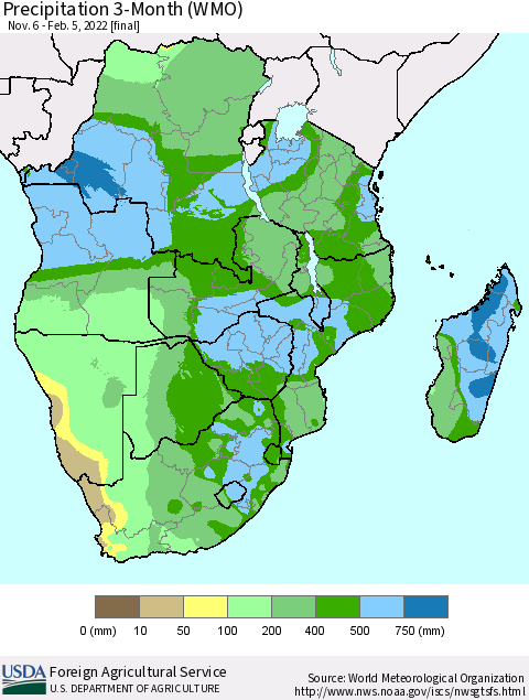 Southern Africa Precipitation 3-Month (WMO) Thematic Map For 11/6/2021 - 2/5/2022