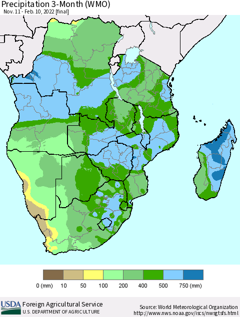 Southern Africa Precipitation 3-Month (WMO) Thematic Map For 11/11/2021 - 2/10/2022